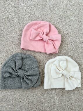 Baby Girl Soft Knit Bow Hats - Pink, Gray, Cream